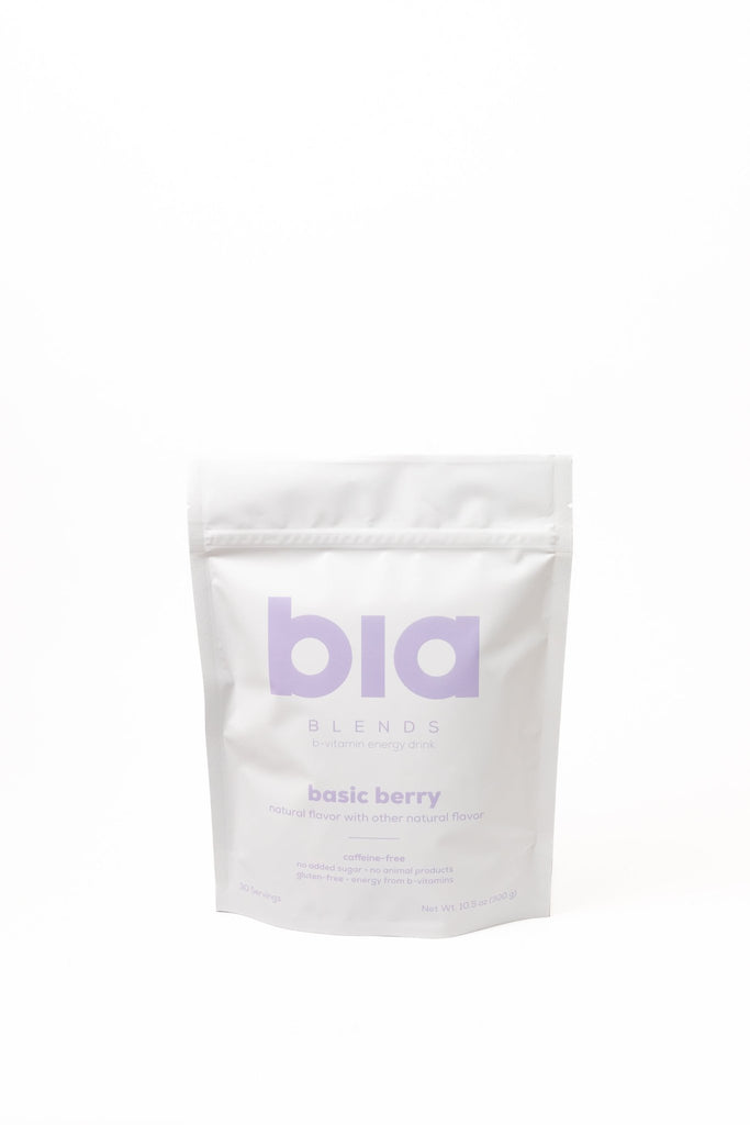 White packaging of bia with purple text on a white background