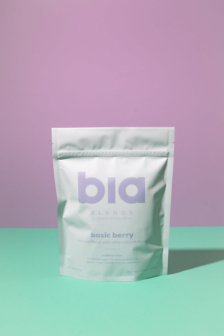 bia BLENDS basic berry package on a purple and green gradient background