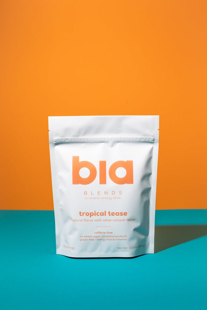 bia BLENDS  tropical tease tea package on a gradient background